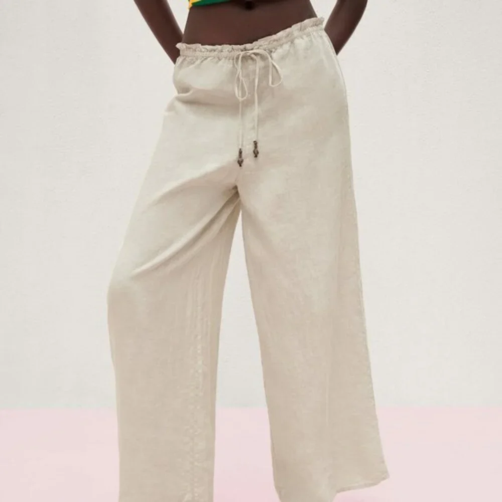 Natural Tan Zara Linen Wide Leg Drawstring Elastic Waist Pants (NWT)